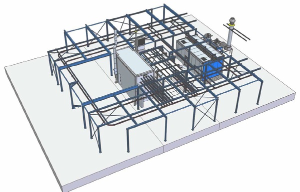 Complete powder coating line including blastroom, powder coating booth, oven and conveyor technique