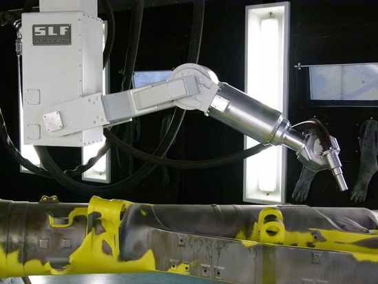 Media blast robot for paint-stripping of landing gear